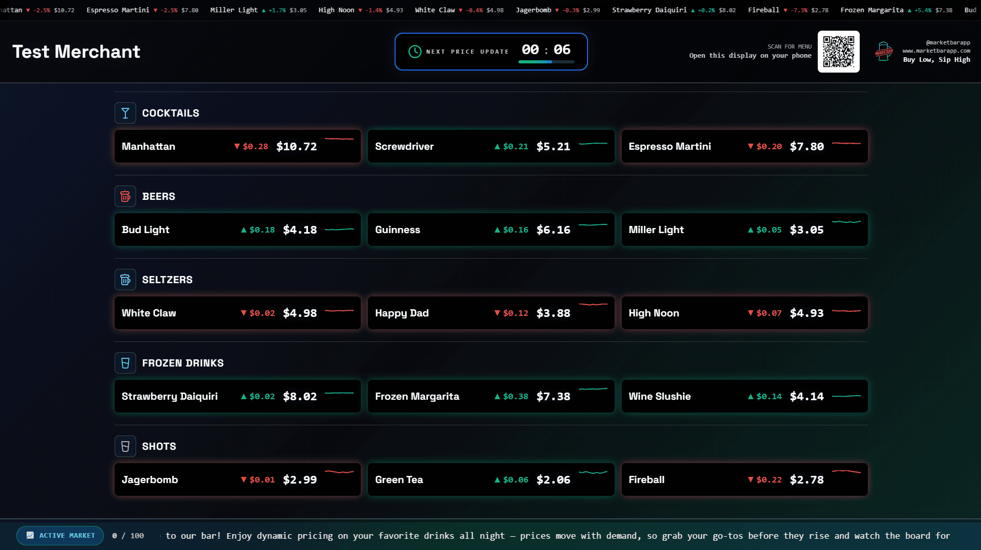 MarketBar customer display showing live drink prices